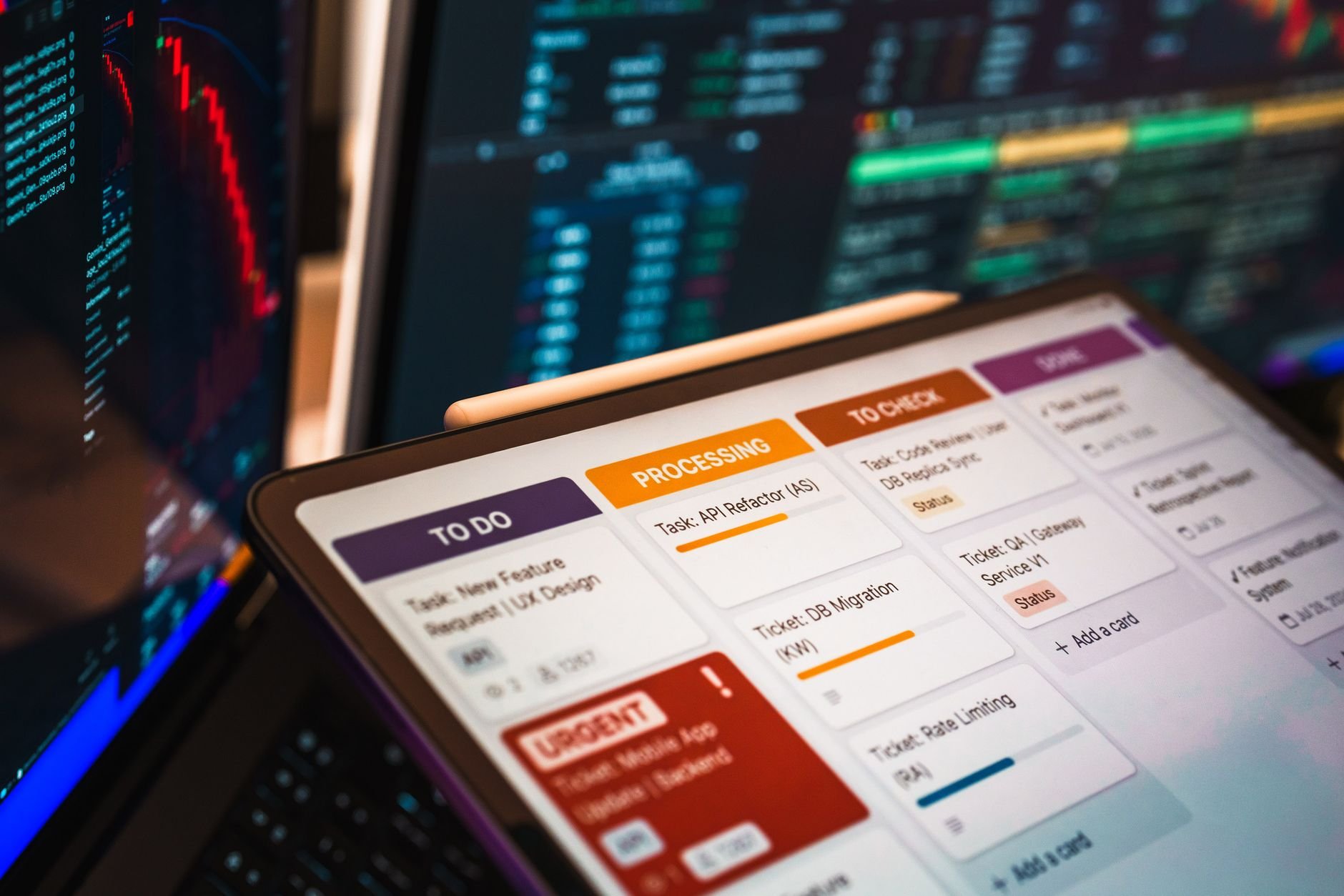 Kanban board displayed on screen with charts and data analysis in a modern office